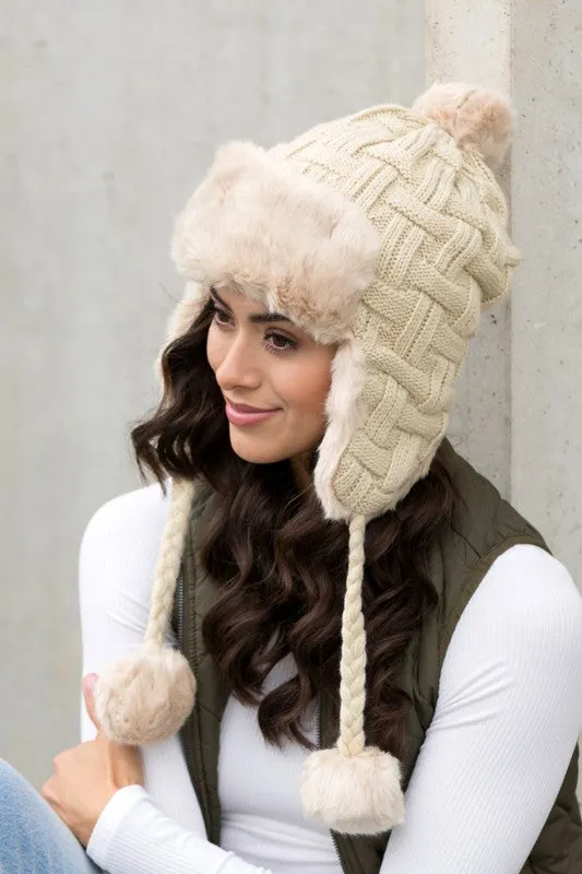 White Cable Weave Pom Trapper Hat