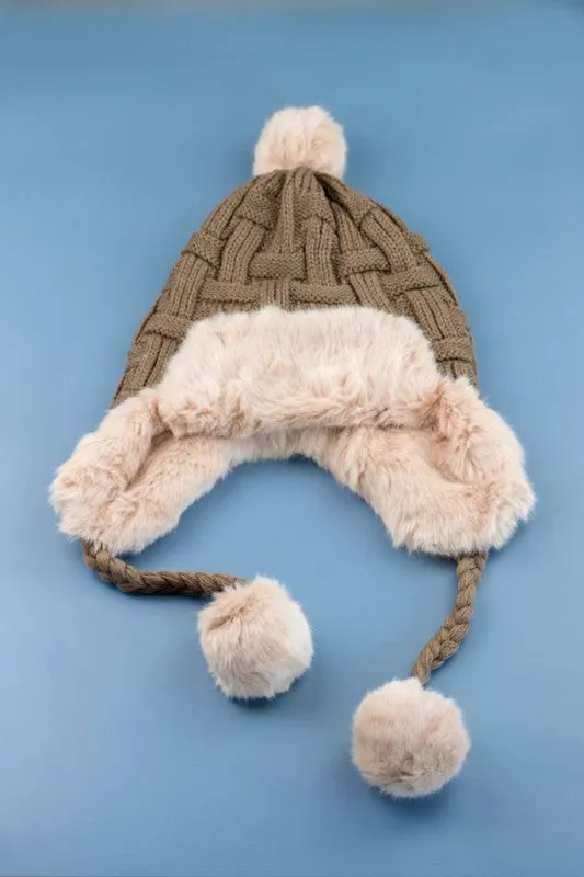 White Cable Weave Pom Trapper Hat