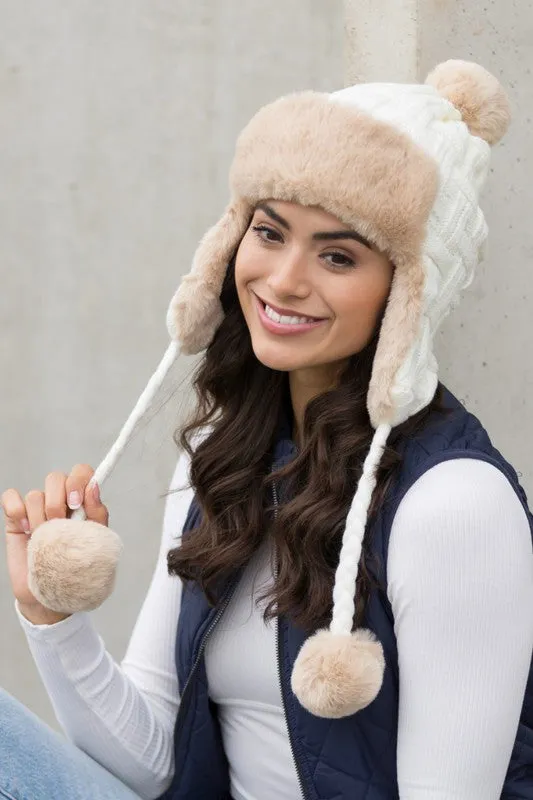 White Cable Weave Pom Trapper Hat