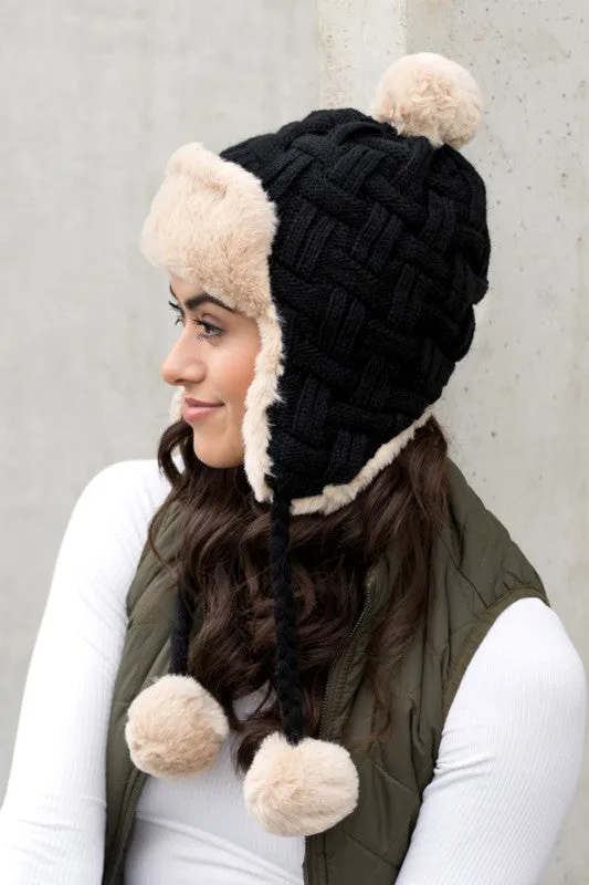 White Cable Weave Pom Trapper Hat