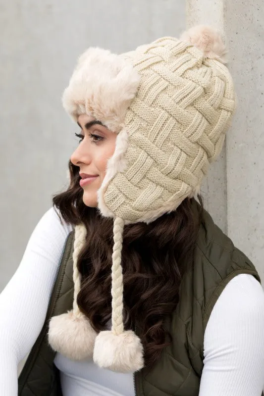 White Cable Weave Pom Trapper Hat