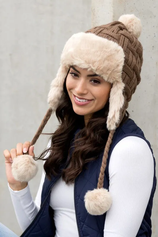 White Cable Weave Pom Trapper Hat