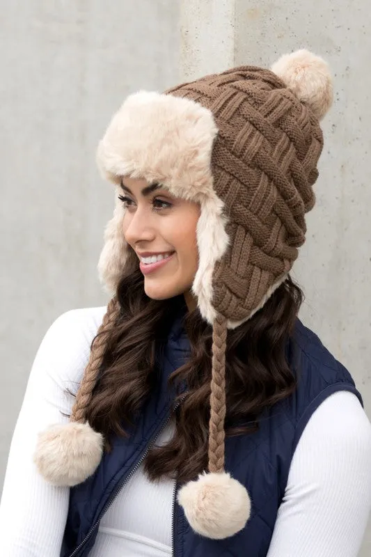 White Cable Weave Pom Trapper Hat