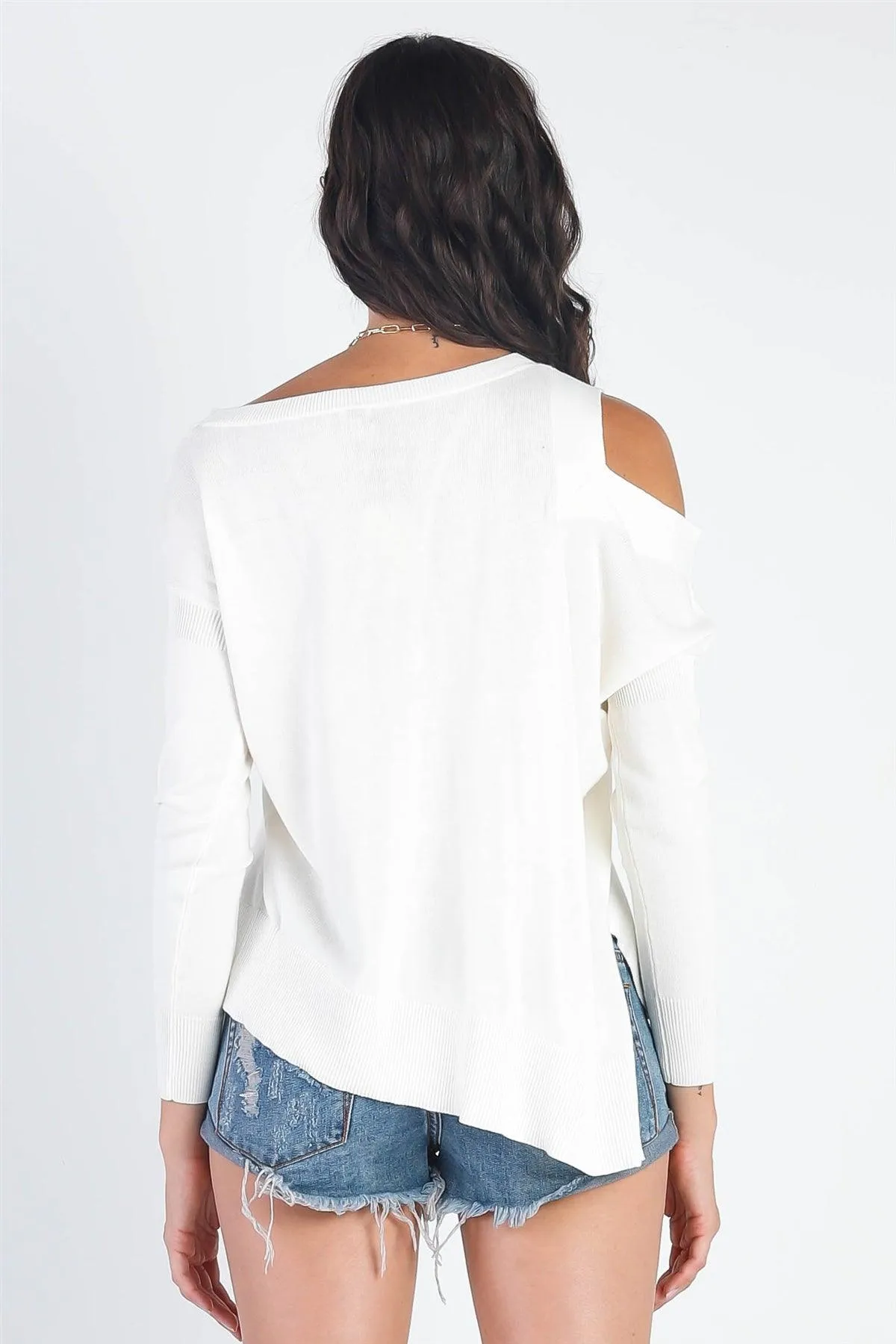 White Cold Shoulder Long Sleeve Knit Top /3-2-1