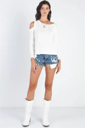 White Cold Shoulder Long Sleeve Knit Top /3-2-1