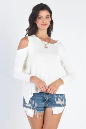 White Knit Cold Shoulder Long Sleeve Top /4-2-1