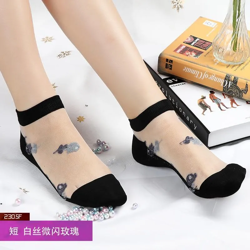 Women Lace Soft  Sheer Silk Elastic Mesh Knit Frill Trim Socks