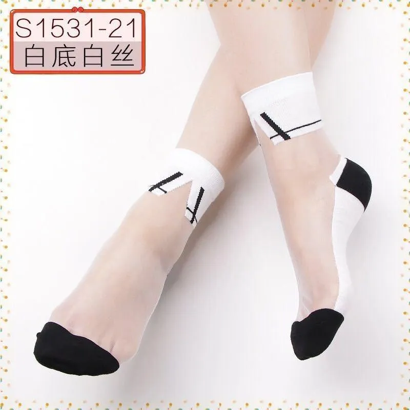 Women Lace Soft  Sheer Silk Elastic Mesh Knit Frill Trim Socks