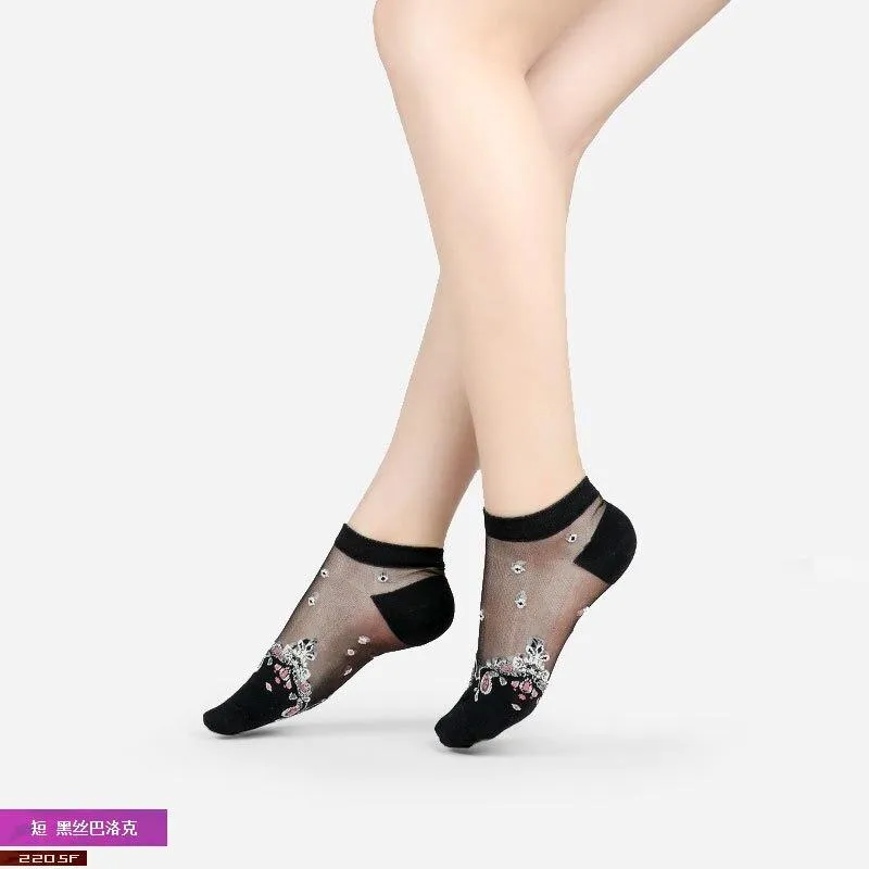 Women Lace Soft  Sheer Silk Elastic Mesh Knit Frill Trim Socks