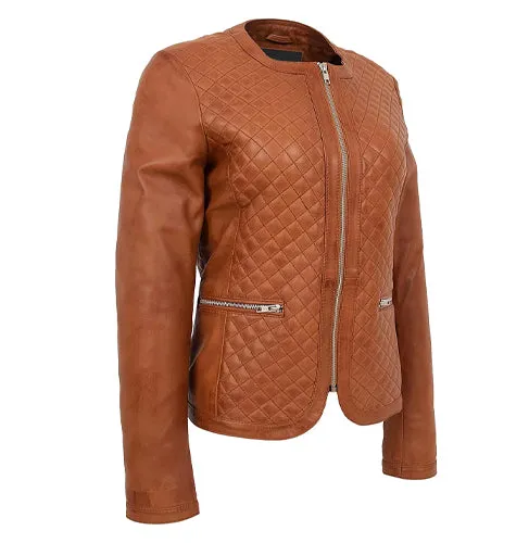 Women Quilted Design Dual Color Collarless Leather Jacket