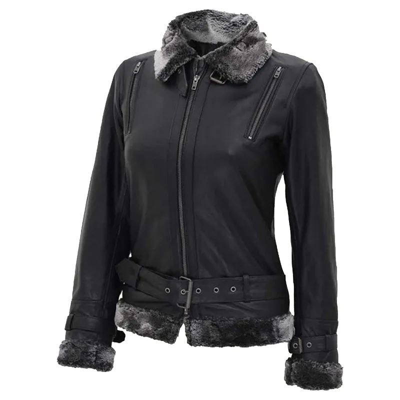 Women's Black Leather Shearling Jacket With Belted Closure