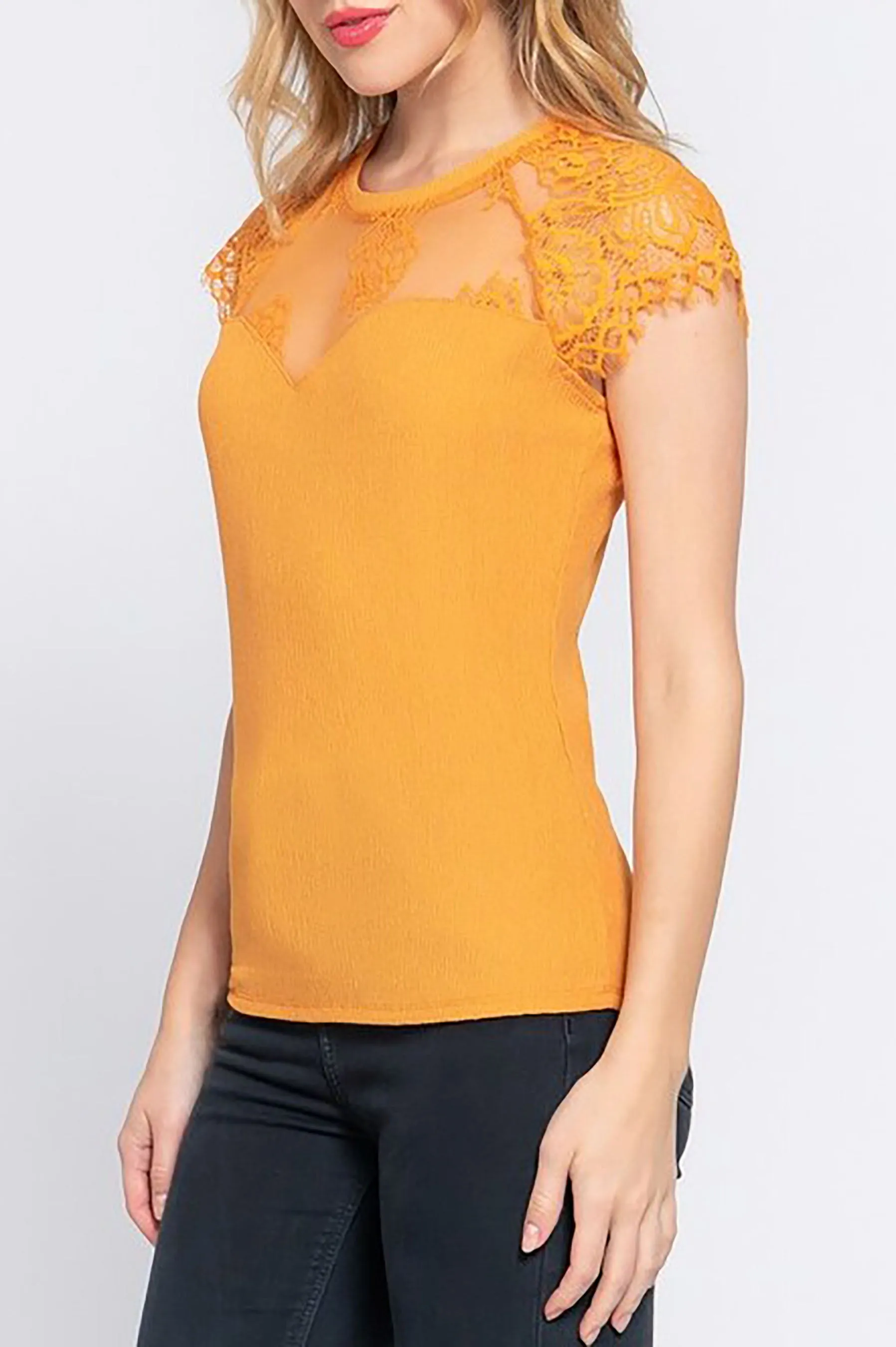 Women's Lace Ruffle Sleeve Texture Knit Top