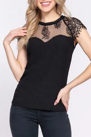 Women's Lace Ruffle Sleeve Texture Knit Top