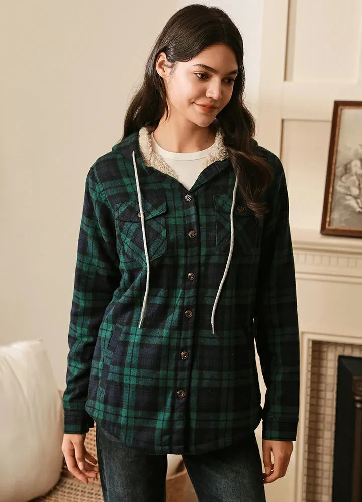 Women's Matching Family Sherpa Lined Green Flannel Jacket with Hood