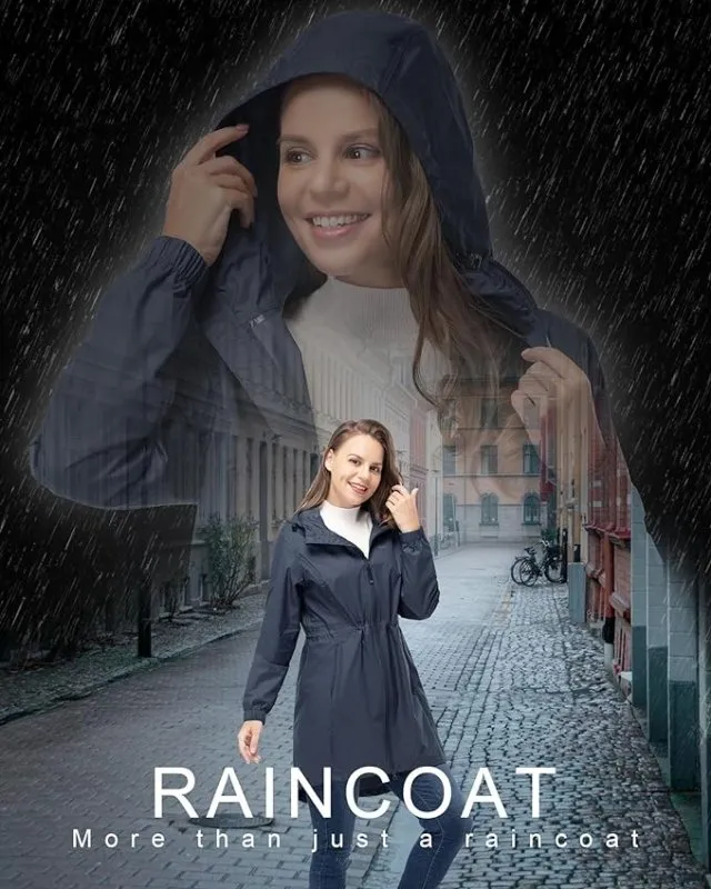 Women's Rain Jacket Lightweight Hooded Long Rain Coat Waterproof Jacket Ladies Packable Functional Jacket Windbreaker Breathable Active Outdoor Coats