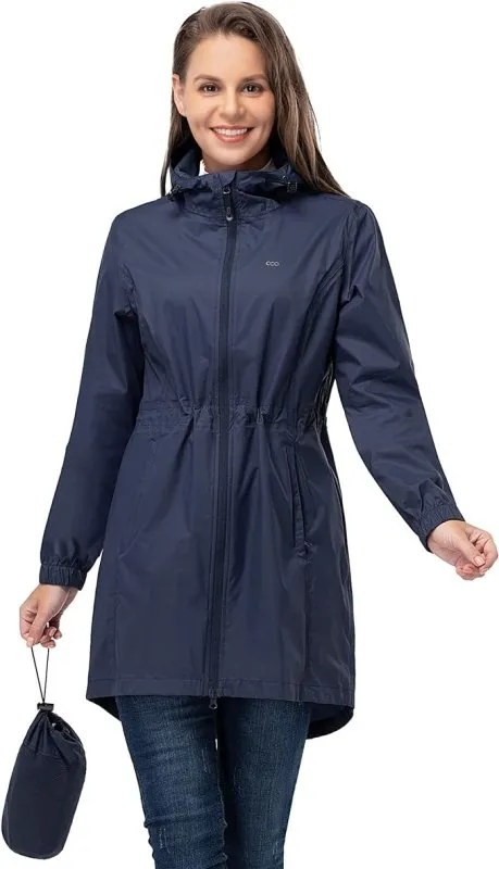 Women's Rain Jacket Lightweight Hooded Long Rain Coat Waterproof Jacket Ladies Packable Functional Jacket Windbreaker Breathable Active Outdoor Coats