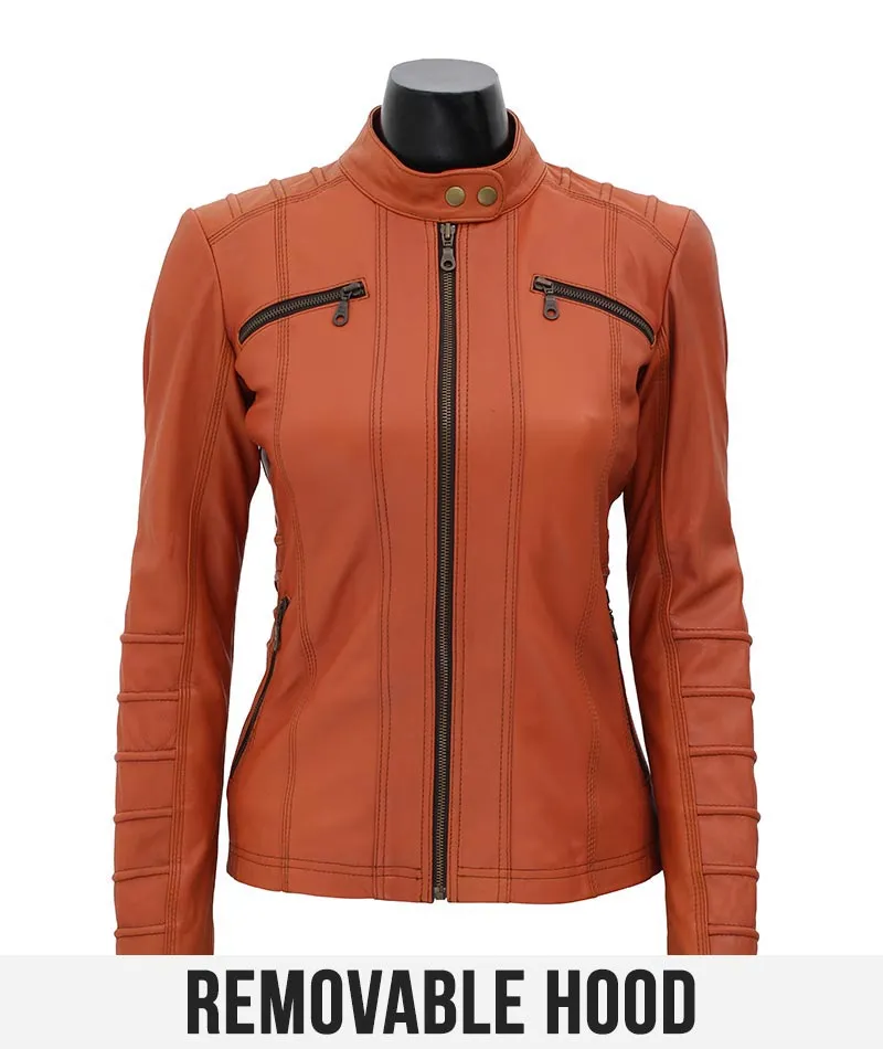 Women's Removable Hooded Leather Jacket