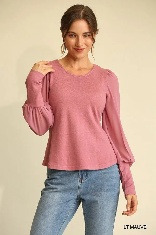 Women's Solid Knit And Chiffon Mixed Top With Puff Long Sleeve