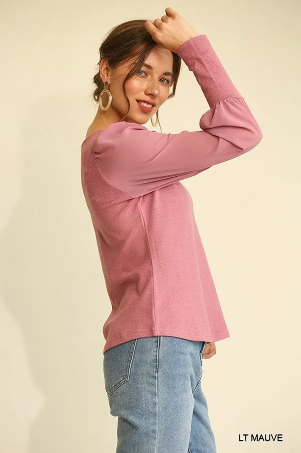 Women's Solid Knit And Chiffon Mixed Top With Puff Long Sleeve