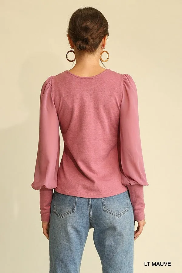 Women's Solid Knit And Chiffon Mixed Top With Puff Long Sleeve