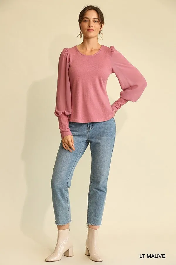 Women's Solid Knit And Chiffon Mixed Top With Puff Long Sleeve