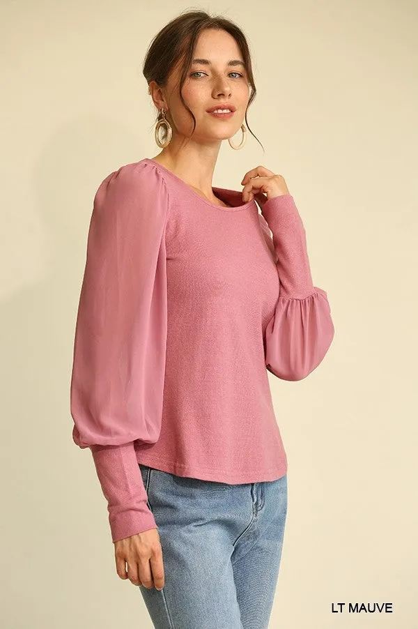 Women's Solid Knit And Chiffon Mixed Top With Puff Long Sleeve