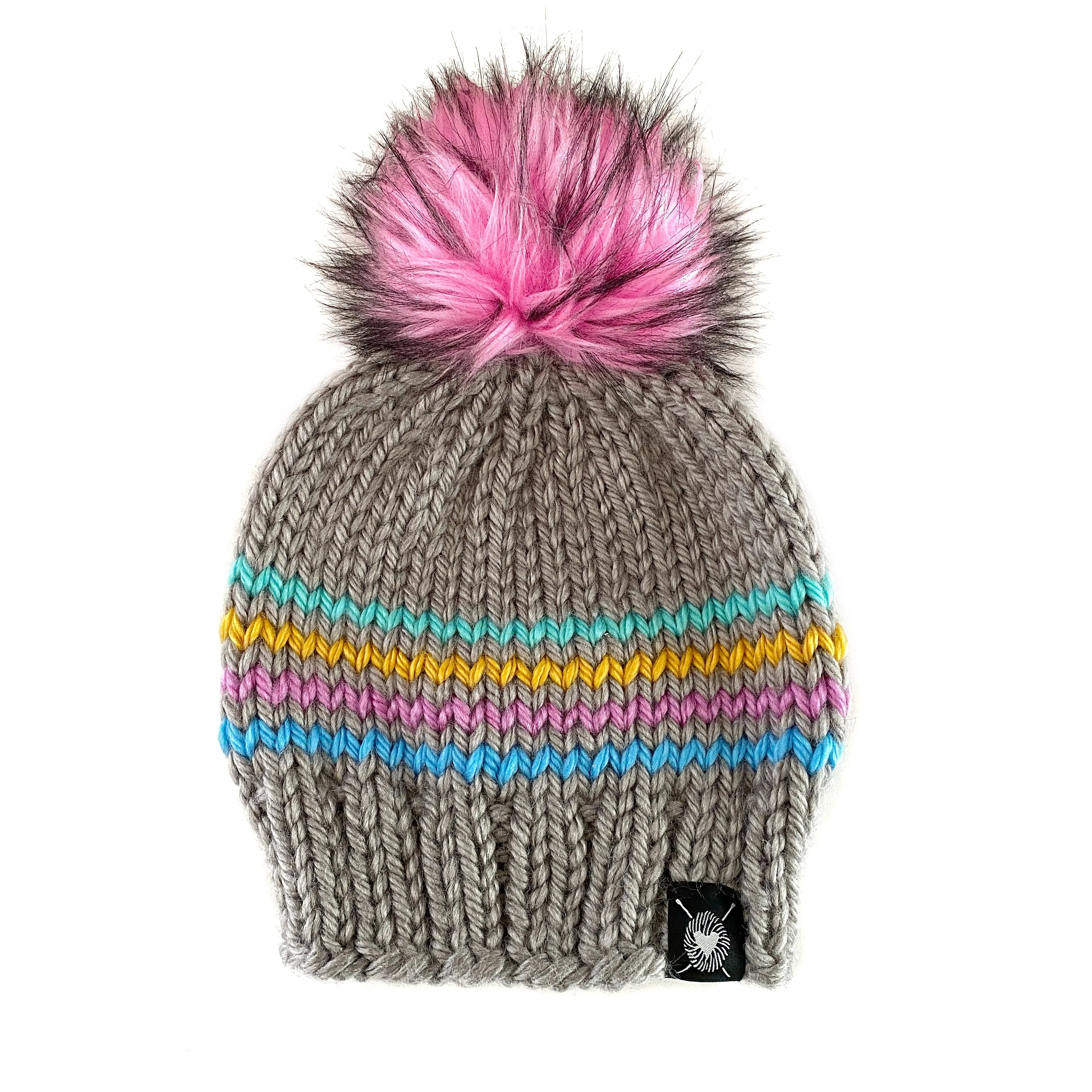 Zero Waste : Four Stripe Faux Fur Pom-Pom Beanie(wool free)